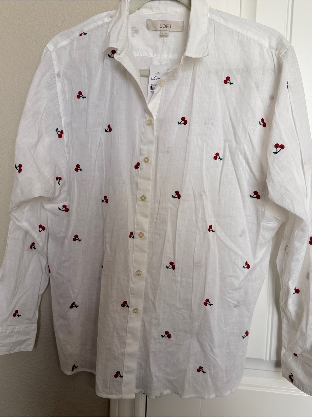 LOFT White Button-Down Shirt with Cherry Embroidery 100% Cotton